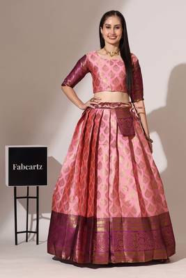 Pink Woven Silk Lehenga Choli With Dupatta 4