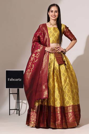 Mustard Woven Silk Lehenga Choli With Dupatta