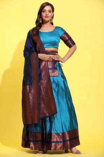 Sea Green Woven Silk Lehenga Choli With Dupatta