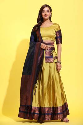 mustard yellow woven silk lehenga choli with blue dupatta 1