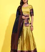 mustard yellow woven silk lehenga choli with blue dupatta