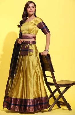 mustard yellow woven silk lehenga choli with blue dupatta 2