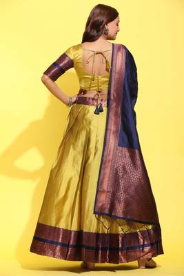 mustard yellow woven silk lehenga choli with blue dupatta 3