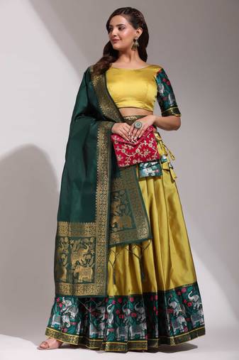 Mustard Woven Silk Lehenga Choli With Dupatta