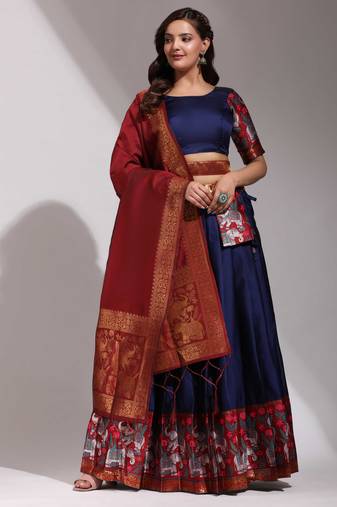 Navy Blue Woven Silk Lehenga Choli With Dupatta