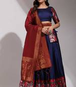 Navy Blue Woven Silk Lehenga Choli With Dupatta