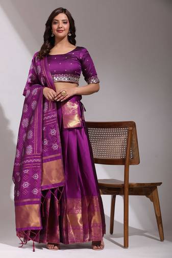 Purple Woven Silk Lehenga Choli With Dupatta