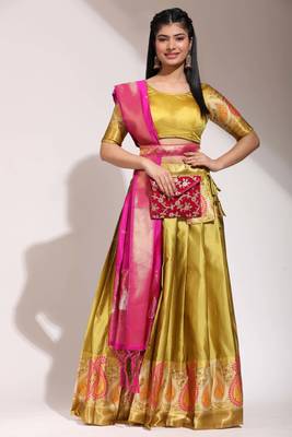 Mustard Woven Silk Lehenga Choli With Dupatta 1