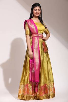 Mustard Woven Silk Lehenga Choli With Dupatta 4
