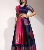 Navy Blue Woven Silk Lehenga Choli With Dupatta