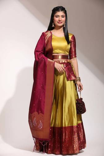 Mustard Woven Silk Lehenga Choli With Dupatta