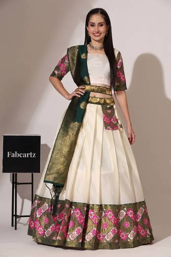 White Woven Silk Lehenga Choli With Dupatta