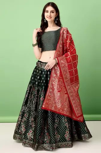 Dark Green Woven Silk Lehenga Choli With Dupatta