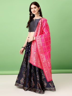 Navy Blue Woven Silk Lehenga Choli With Dupatta 1