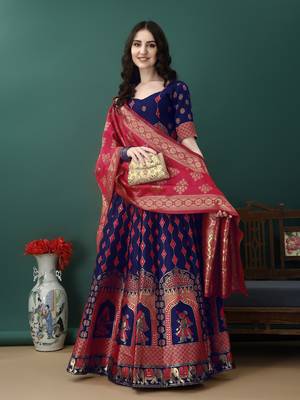 Purple Woven Silk Lehenga Choli With Dupatta 2