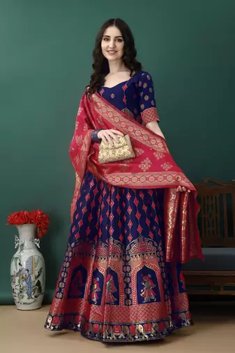 Purple Woven Silk Lehenga Choli With Dupatta