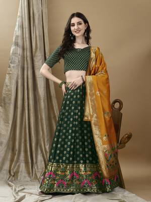 Green Woven Silk Lehenga Choli With Dupatta 1