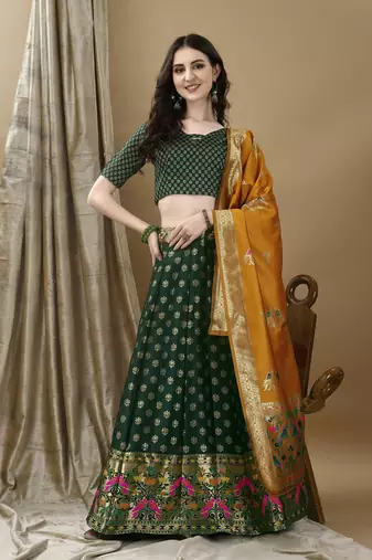 Green Woven Silk Lehenga Choli With Dupatta