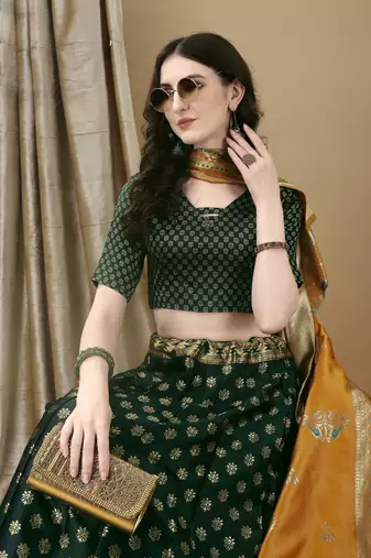 Green Woven Silk Lehenga Choli With Dupatta