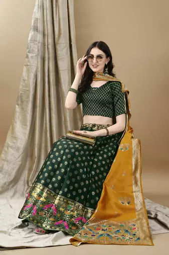 Green Woven Silk Lehenga Choli With Dupatta