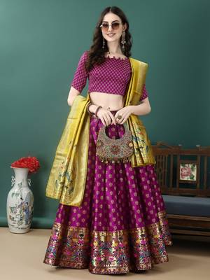 Purple Woven Silk Lehenga Choli With Dupatta 1