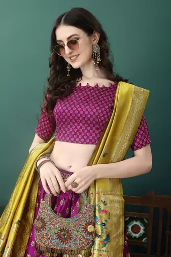 Purple Woven Silk Lehenga Choli With Dupatta
