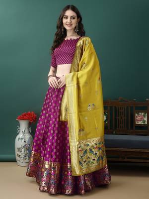 Purple Woven Silk Lehenga Choli With Dupatta 3
