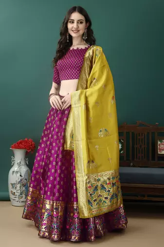 Purple Woven Silk Lehenga Choli With Dupatta