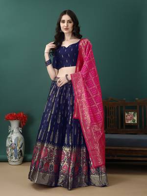 Navy Blue Woven Silk Lehenga Choli With Dupatta 1