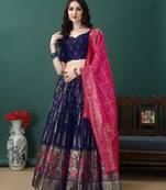 Navy Blue Woven Silk Lehenga Choli With Dupatta