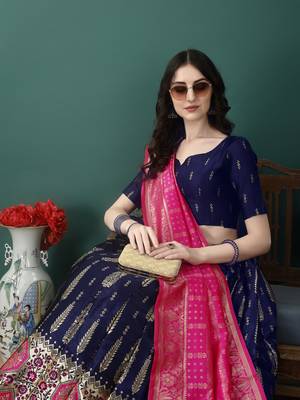 Navy Blue Woven Silk Lehenga Choli With Dupatta 2