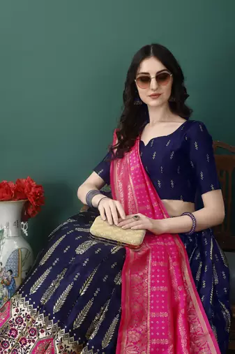 Navy Blue Woven Silk Lehenga Choli With Dupatta