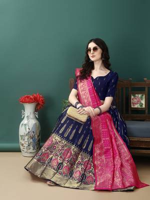 Navy Blue Woven Silk Lehenga Choli With Dupatta 3