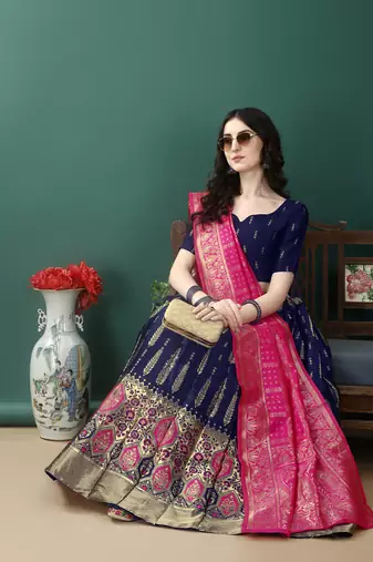 Navy Blue Woven Silk Lehenga Choli With Dupatta
