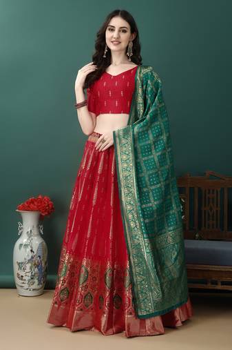 Red Woven Silk Lehenga Choli With Dupatta