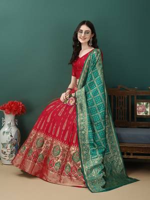 Red Woven Silk Lehenga Choli With Dupatta 2