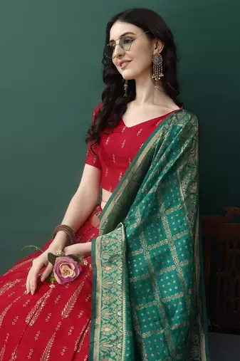 Red Woven Silk Lehenga Choli With Dupatta