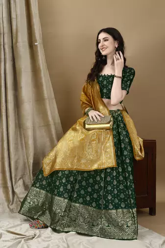 Green Woven Silk Lehenga Choli With Dupatta