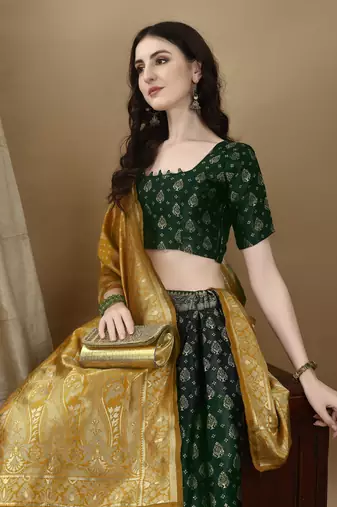 Green Woven Silk Lehenga Choli With Dupatta