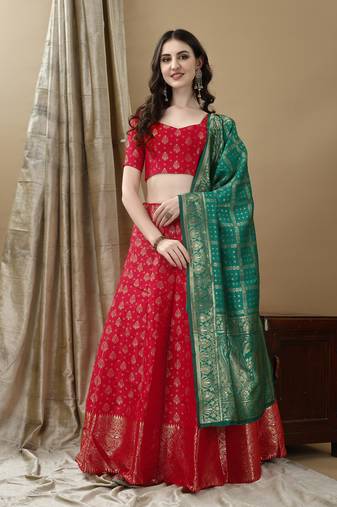 Red Woven Silk Lehenga Choli With Dupatta