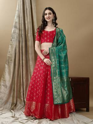 Red Woven Silk Lehenga Choli With Dupatta 2