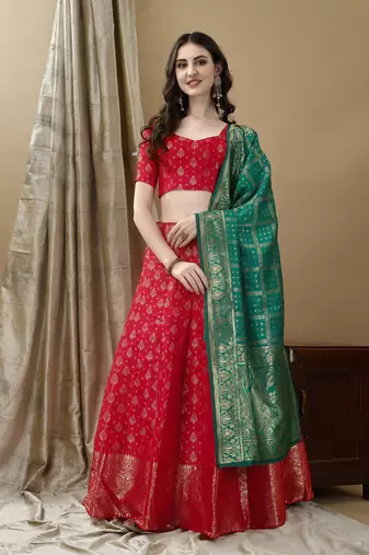 Red Woven Silk Lehenga Choli With Dupatta