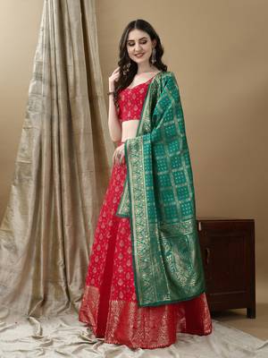 Red Woven Silk Lehenga Choli With Dupatta 3