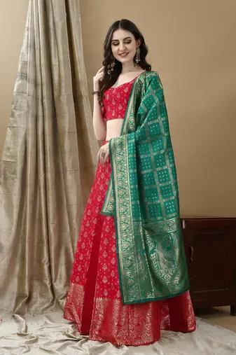 Red Woven Silk Lehenga Choli With Dupatta