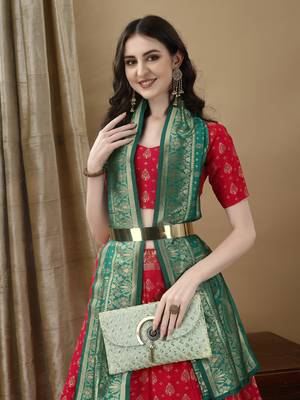Red Woven Silk Lehenga Choli With Dupatta 4