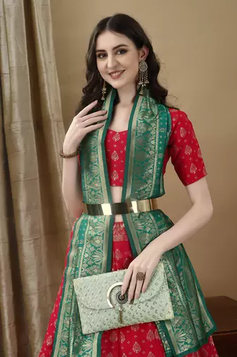Red Woven Silk Lehenga Choli With Dupatta