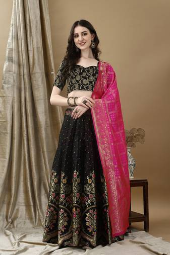 Black Woven Silk Lehenga Choli With Dupatta