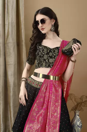 Black Woven Silk Lehenga Choli With Dupatta