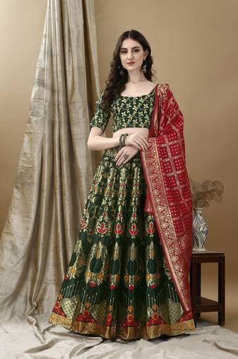 Green Woven Silk Lehenga Choli With Dupatta