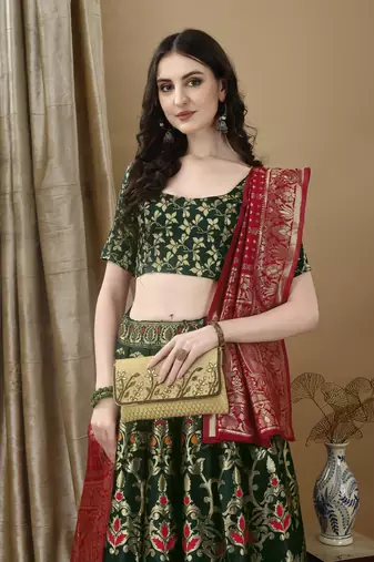 Green Woven Silk Lehenga Choli With Dupatta